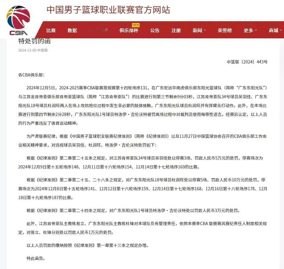 罚的太狠了！杜润旺被罚停赛五场罚款十万元，吴羽佳停赛3场罚款5万元，吉伦沃特喷裁