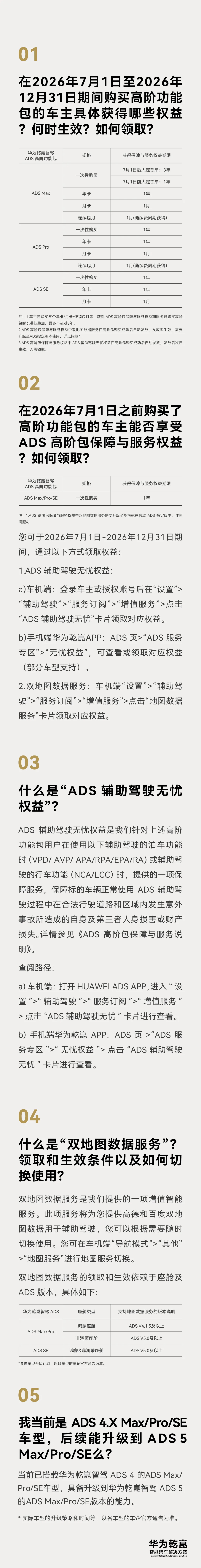 华为乾崑智驾发布公告，ADS高阶功能包价格及用户权益更新ADS Max 高阶功能