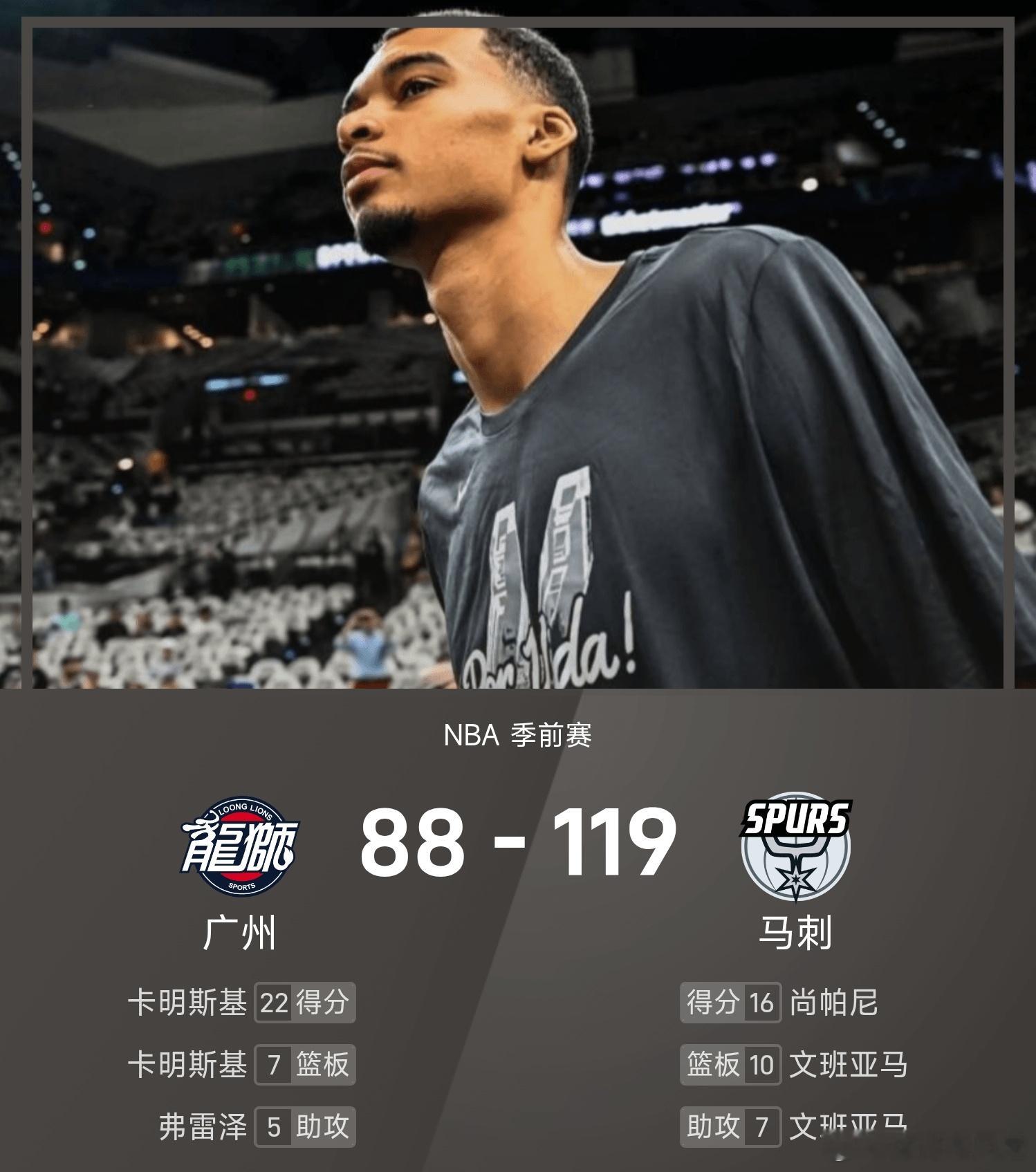 广州龙狮vs马刺 马刺119-88战胜广州。尚帕尼得到16分4板2助率队取胜，卡