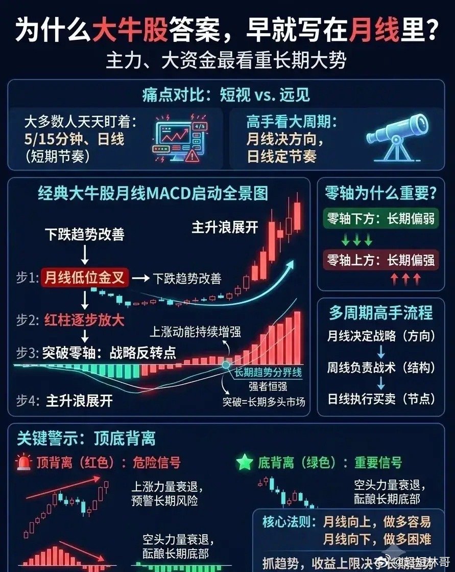 这个图点明炒股需摒弃紧盯短周期K线的短线思维，依靠月线MACD研判长线大势：大牛