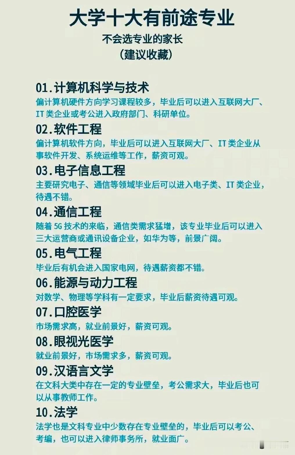 大学十大有前途专业，不会选专业的家长收藏。