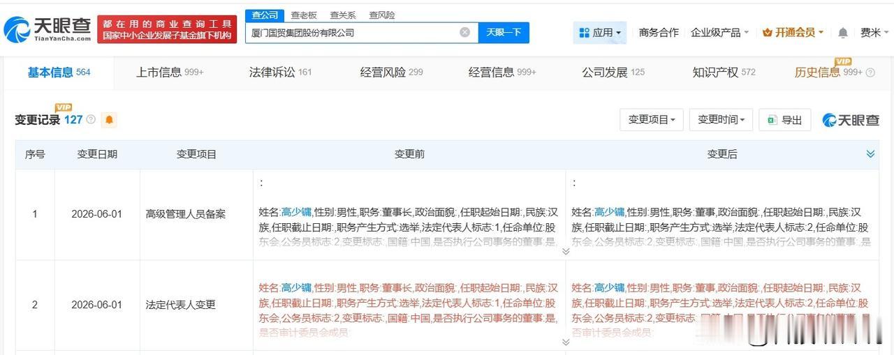 【蔡莹彬任厦门国贸董事长 厦门国贸换帅完成工商变更】
天眼查App显示，近日，厦