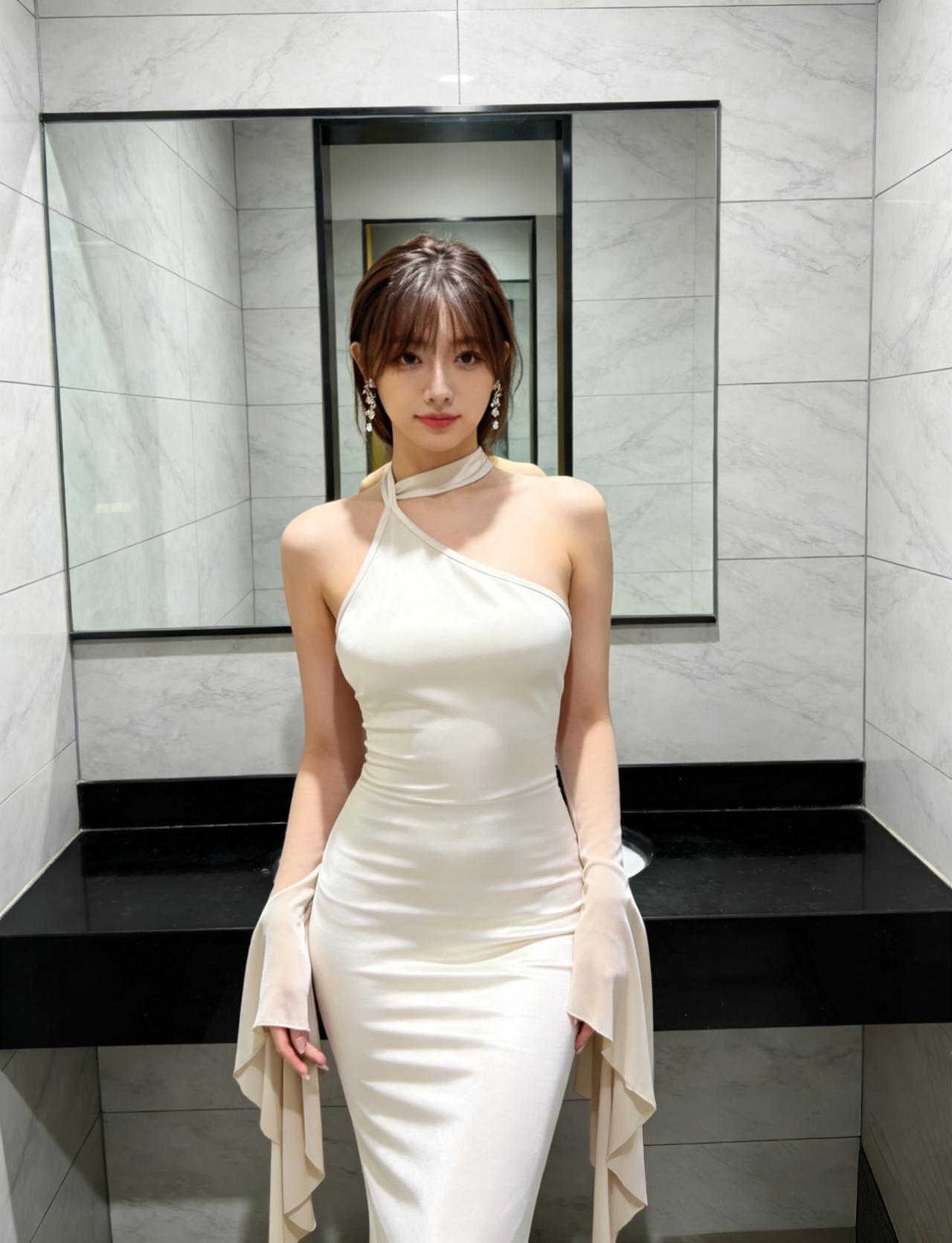 米白色缎面挂脖连衣裙，
单侧露肩设计自带优雅气场，
垂坠的面料在光线下
泛着柔润