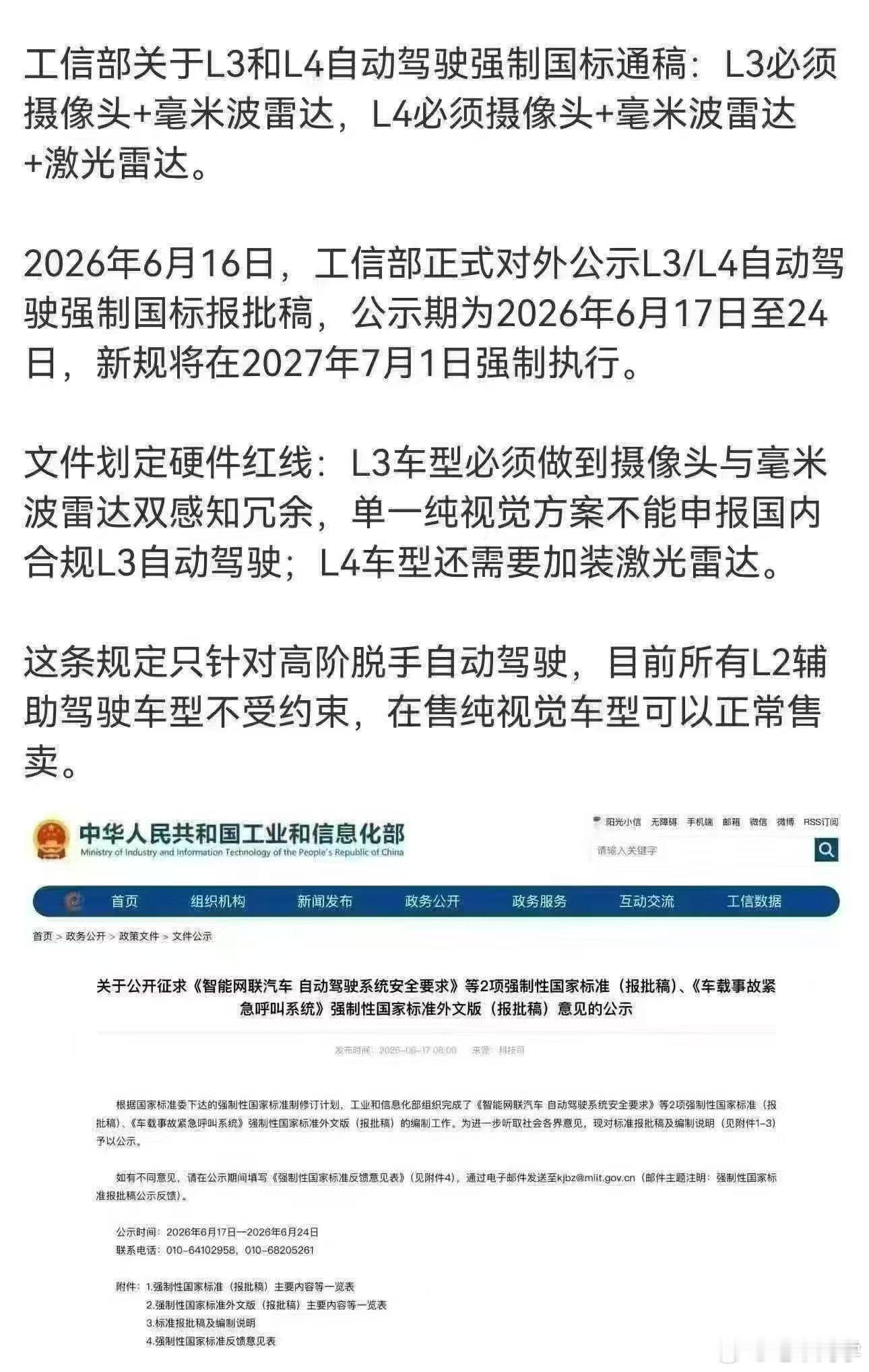 这规定就有意思了:没有激光雷达，以后别说是L4级必须得要有硬件，视觉不行是吧？大
