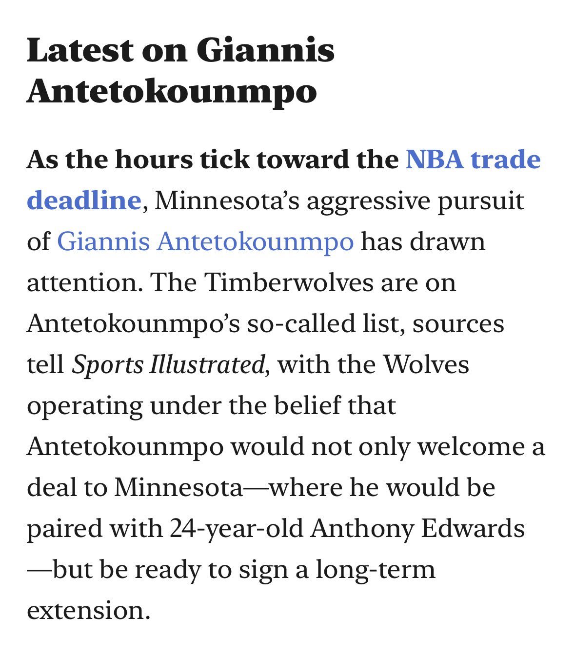 ▲Mannix:消息人士透露，森林狼已经进入字母所谓的候选名单，森林狼方面认为字