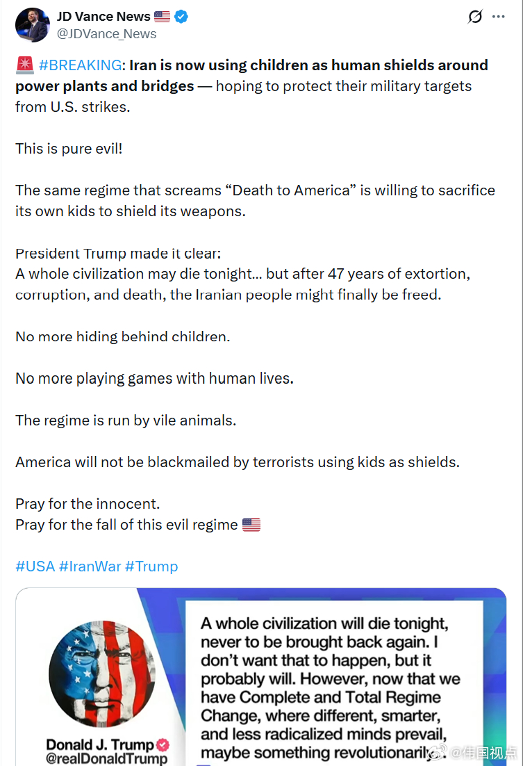 美副总统万斯：伊*现在正在利用儿童作为电厂和桥梁周围的人盾——希望借此保护他们的