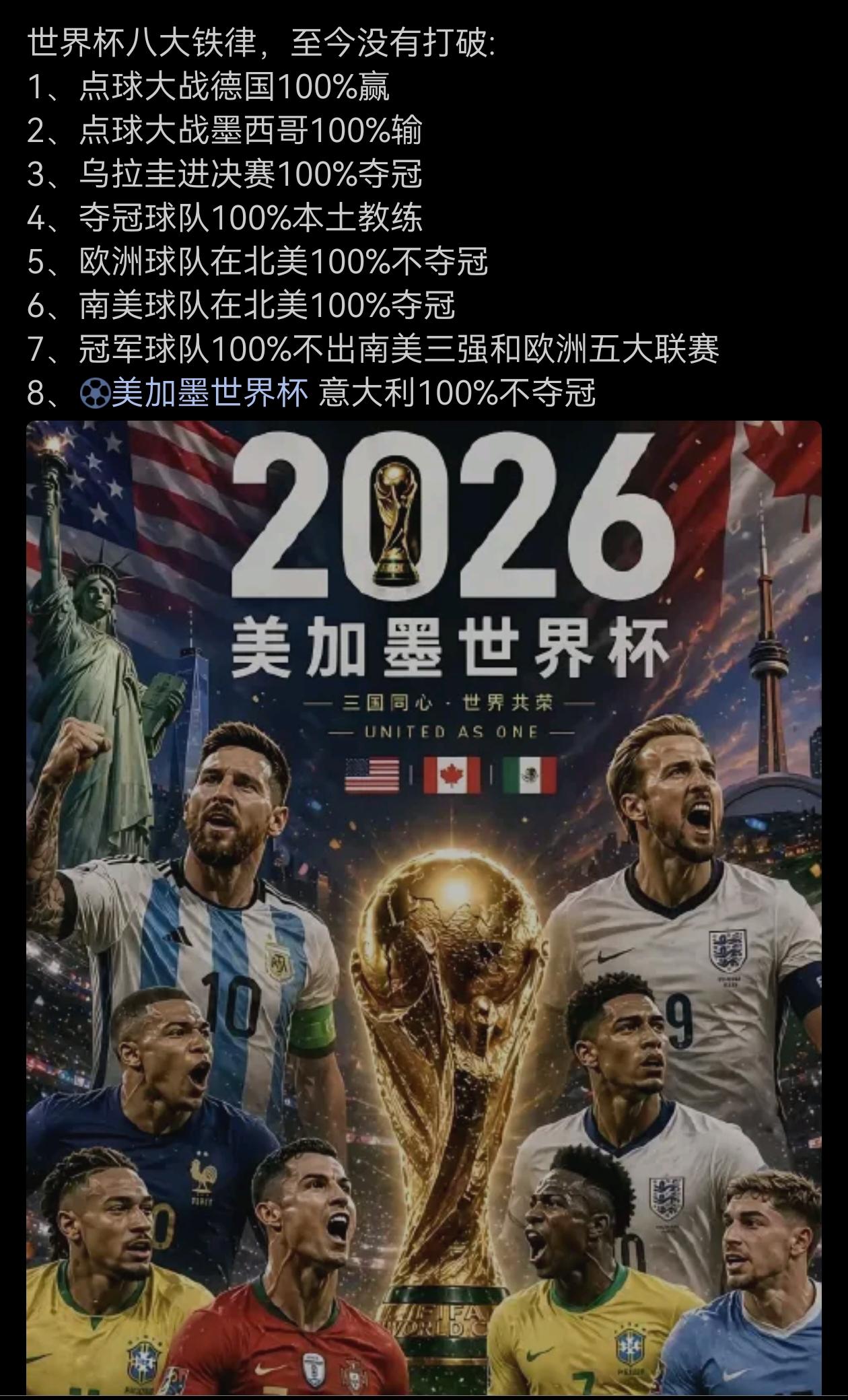 应该还有一条，中国进世界杯百分百不进球。