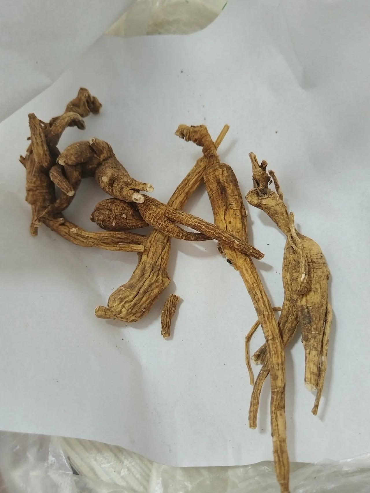 昨天北方的朋友给送来几棵人参，让炖汤或着泡水喝。
告诉我太干了没敢放在包里，放在