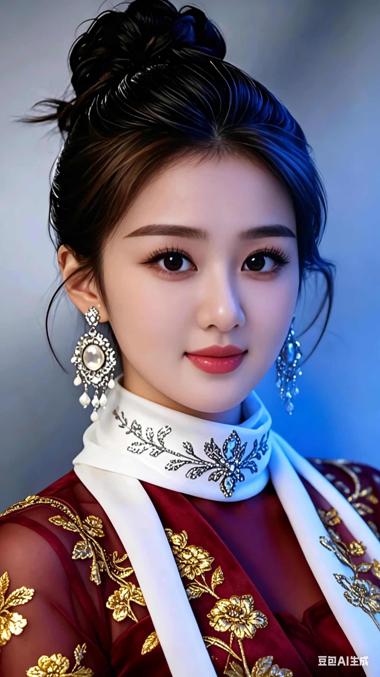 酒红色美妆与衣装尽显华贵，衣身绣着精致亮金色纹样，质感华丽。颈间搭配纯净白色围巾