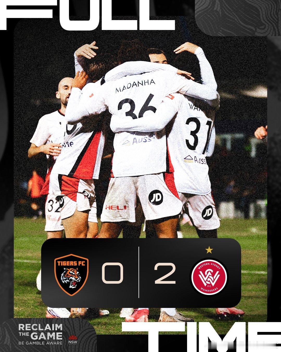 全场比赛结束：澳大利亚杯32强战，流浪者队2-0战胜Tigers FC。上半场：