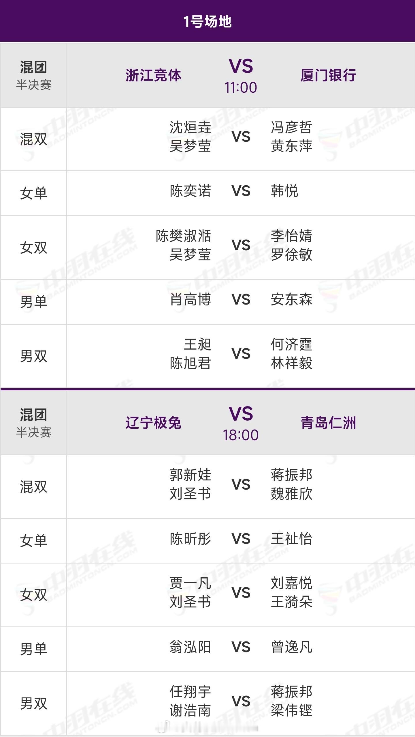 羽超联赛【半决赛】赛程如下↓浙江竞体 🆚 厦门银行（11:00🕚开赛）混双 