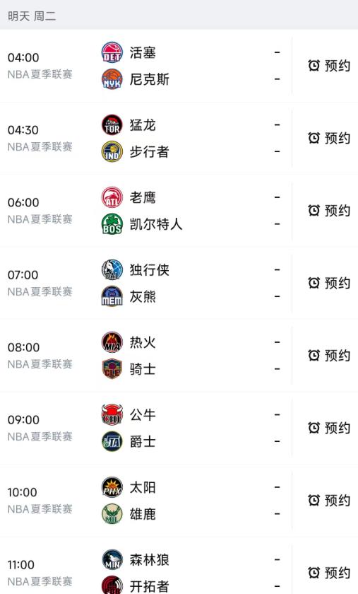 北京时间7月14日，星期二，明天的NBA夏季联赛还是安排了8场比赛：

最开开始