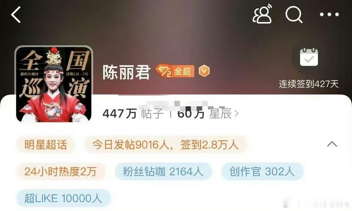 陈丽君[超话]  陈丽君超话超like 破万了！超过了内娱好多小花[手指比心]不