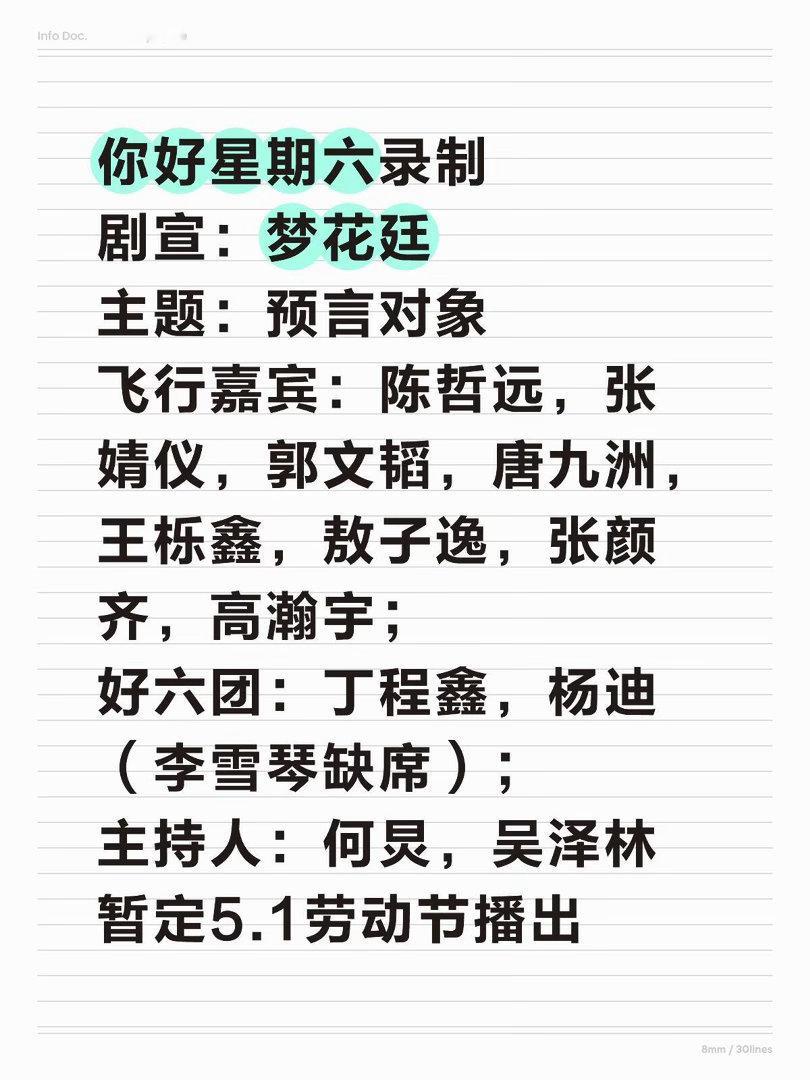 你好星期六录制剧宣：梦花廷主题：预言对象飞行嘉宾：陈哲远，张婧仪，郭文韬，唐九洲