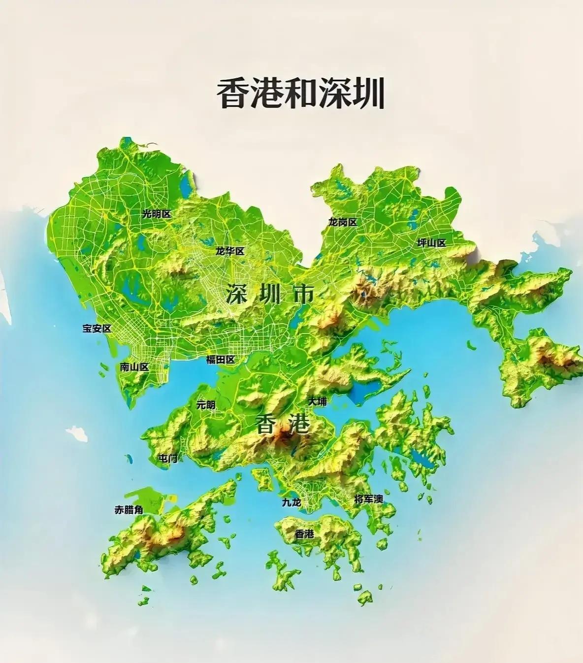 深圳和香港的地形图，都是山旮旯。[并不简单] ​​​