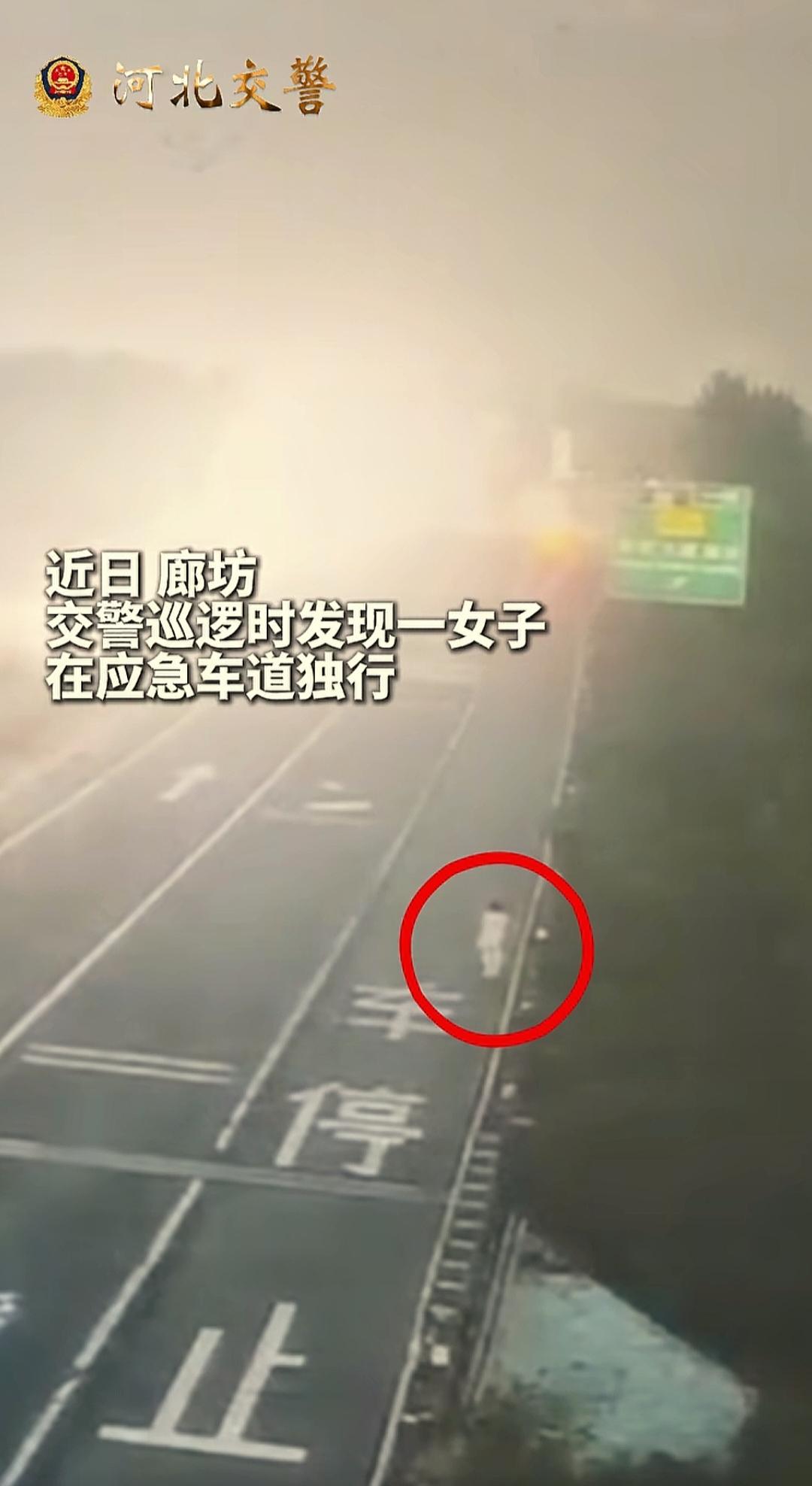 近日，河北高速交警晚上巡逻时发现一名女子在应急车道独行，旁边车流呼啸，很是危险。
