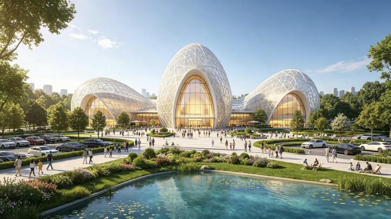 艺术图书馆景观设计。蛋壳形建筑外观，滨湖水岸整体造型。