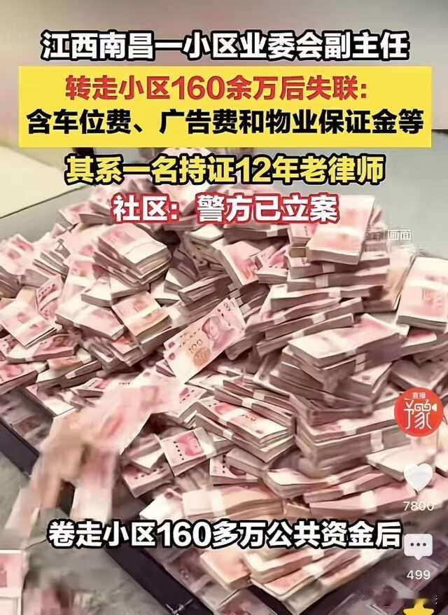 江西南昌，某小区业委会成员私自转走公共收益160万元，其中还包括60万的押金，现