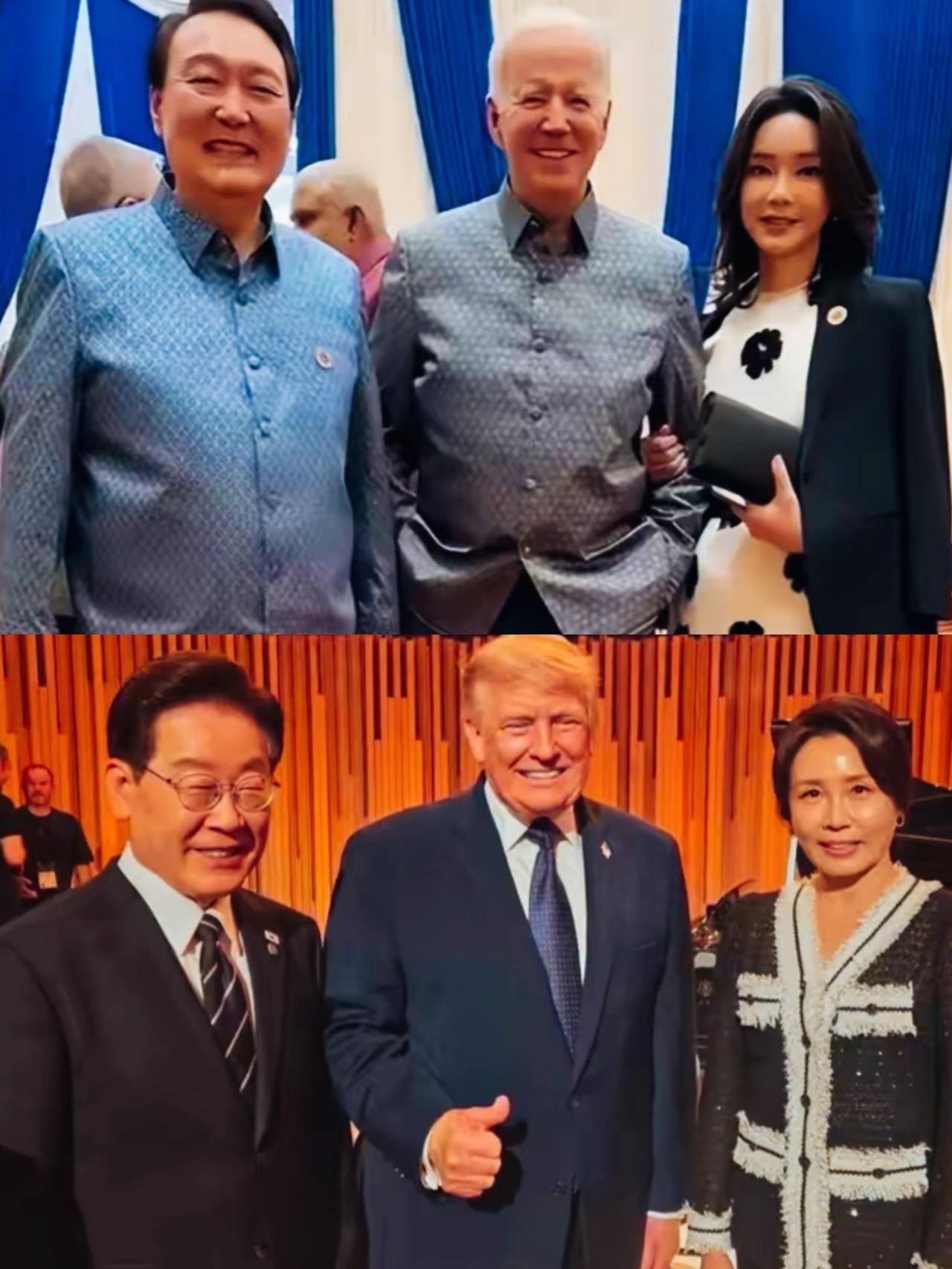 尹锡悦妻子金建希和李在明妻子金惠景相同的站位，只是不同的人合影，给人的感觉却完全