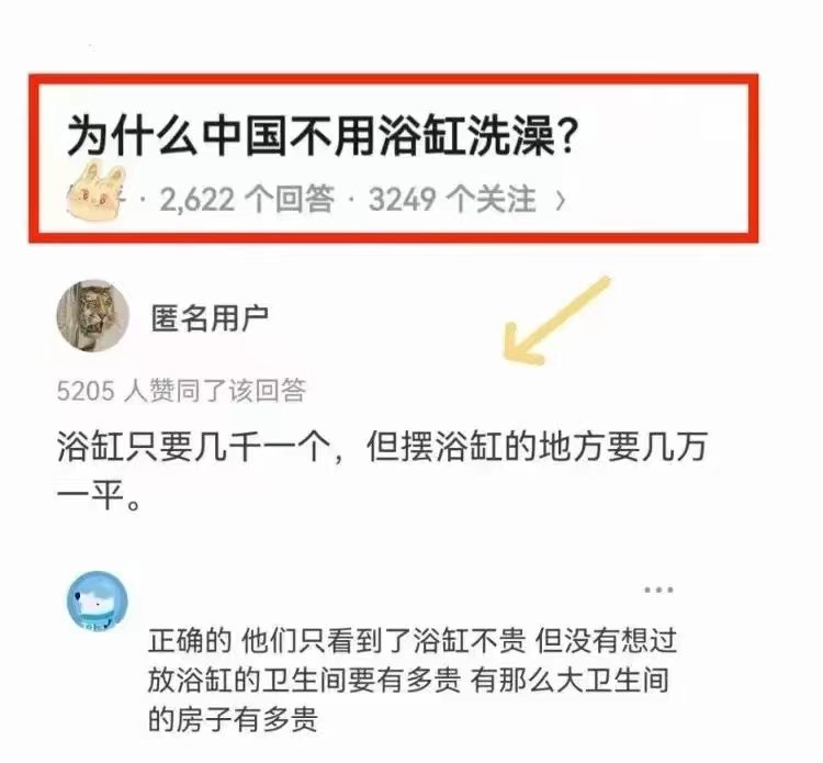 为什么中国人不用浴缸洗澡？一个浴缸值不几个钱，但摆放浴缸的位置需要上万元一平。 