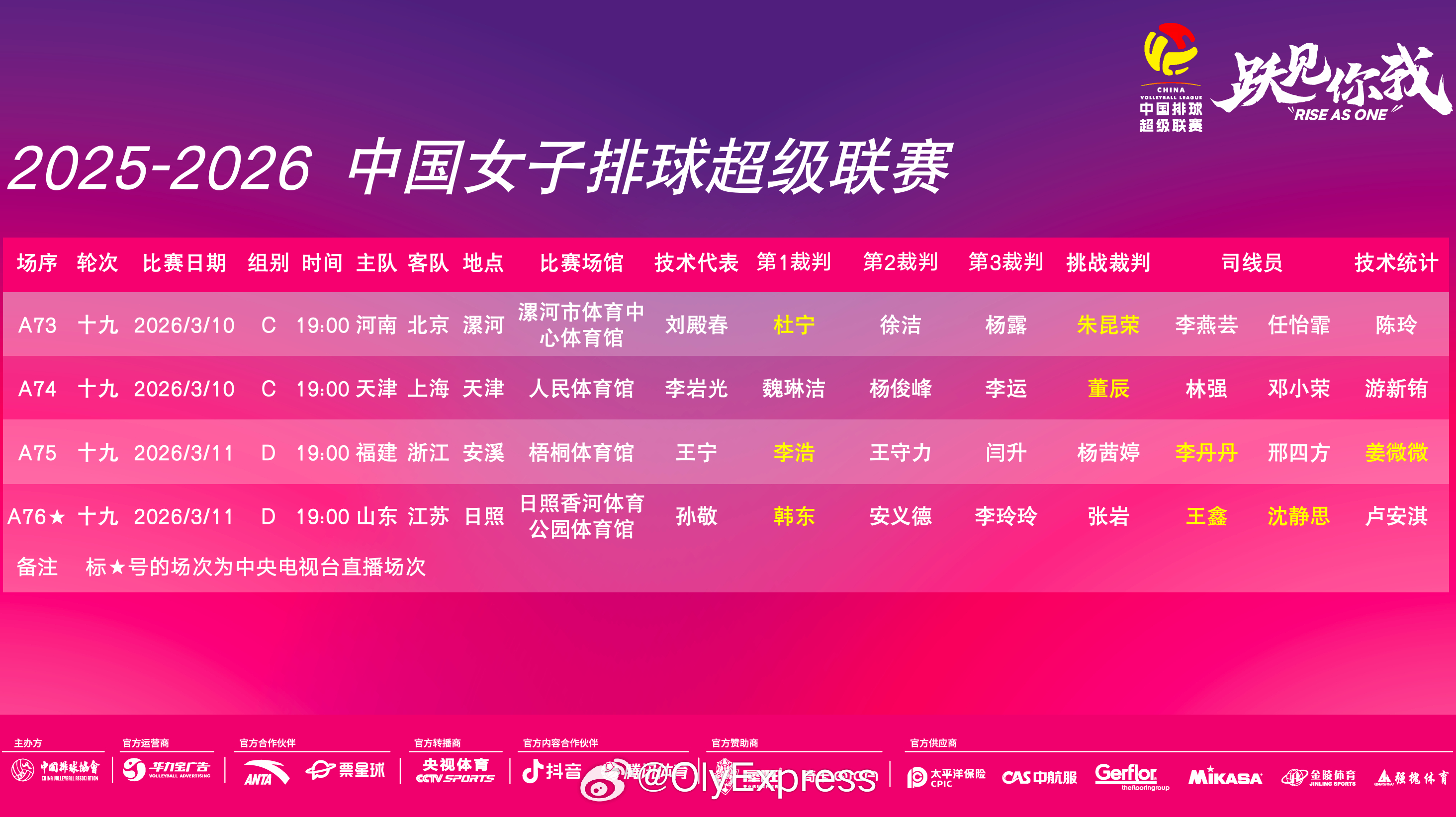 【排超女排联赛本轮赛程对阵】排超联赛 3月10/11日19时，女排联赛季后赛赛程