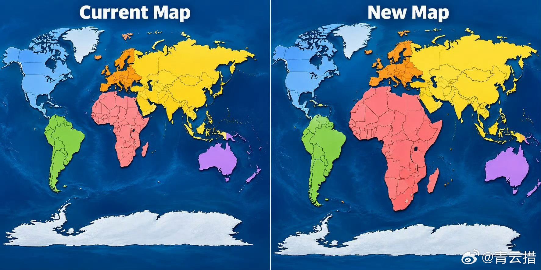 联合国发布新版世界地图，真实反应各国面积，老版的墨卡托投影法放大了美加俄的面积，
