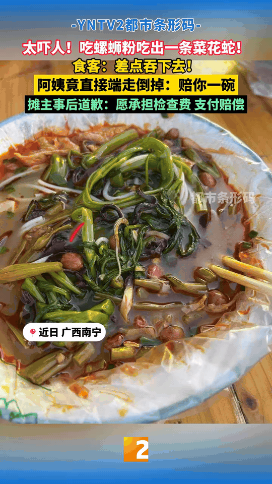 广西南宁，一名女子在外吃螺蛳粉时遭遇惊魂一幕。她夹起碗里深色异物，起初以为是木耳