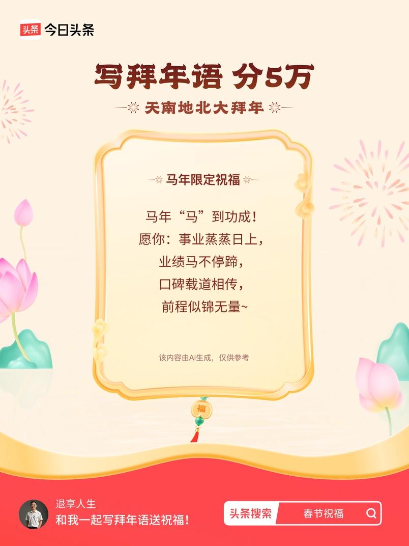 写拜年语送祝福新春拜年送祝福！我的祝福是：“马年“马”到功成！愿你：事业蒸蒸日上