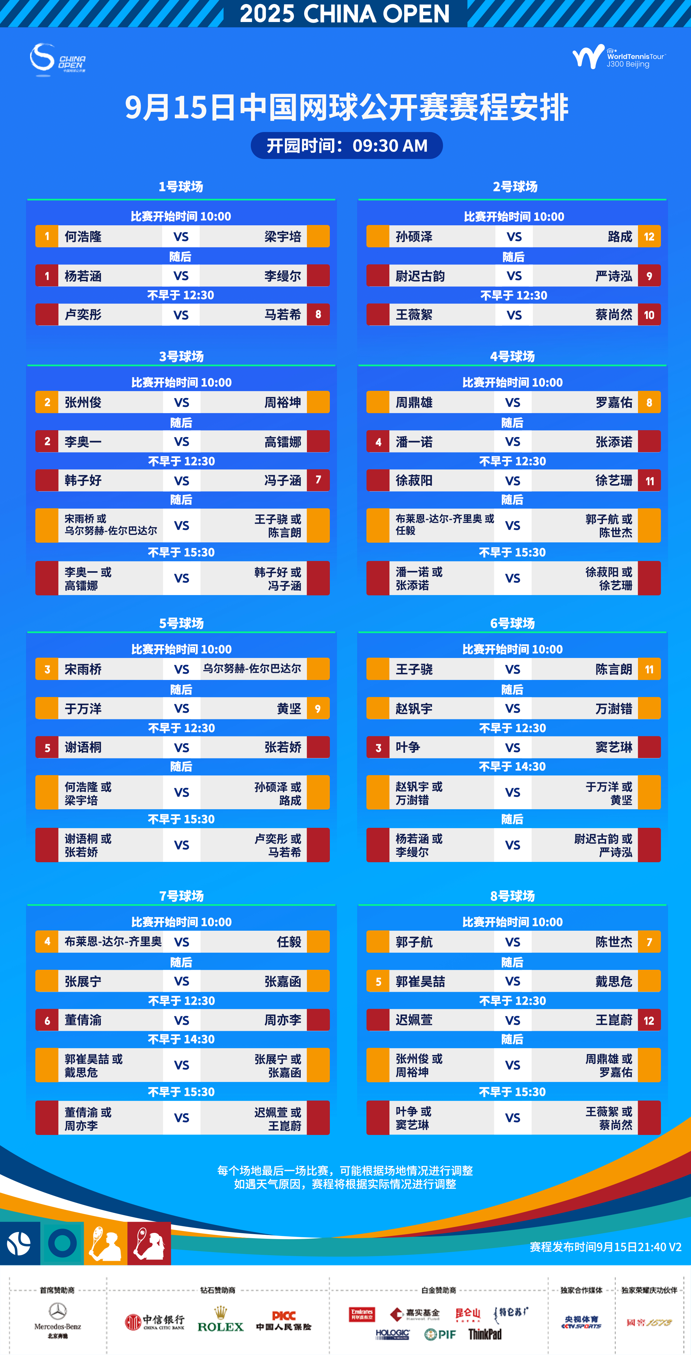 🎾9月15日中国网球公开赛赛程来啦！💥ITF青少年J300资格赛第二日赛事更