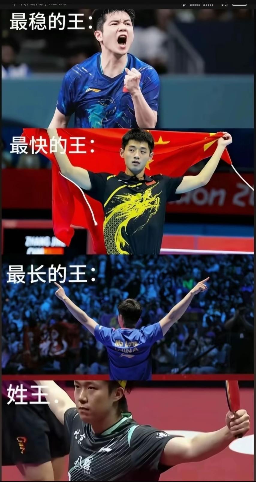 国乒四大天王，最后一位堪称国乒的“王中王”，

第一位，
最长的王，马龙，
15