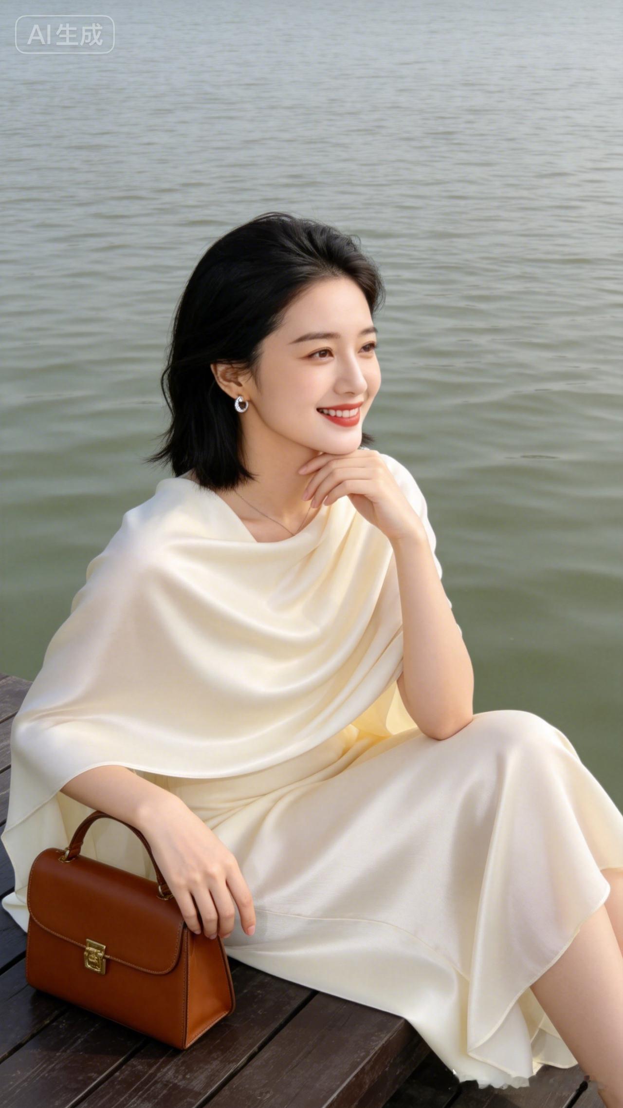 超写实人像摄影，画面主体是一位气质优雅知性的东亚成熟女性，留着利落清爽的黑色齐肩