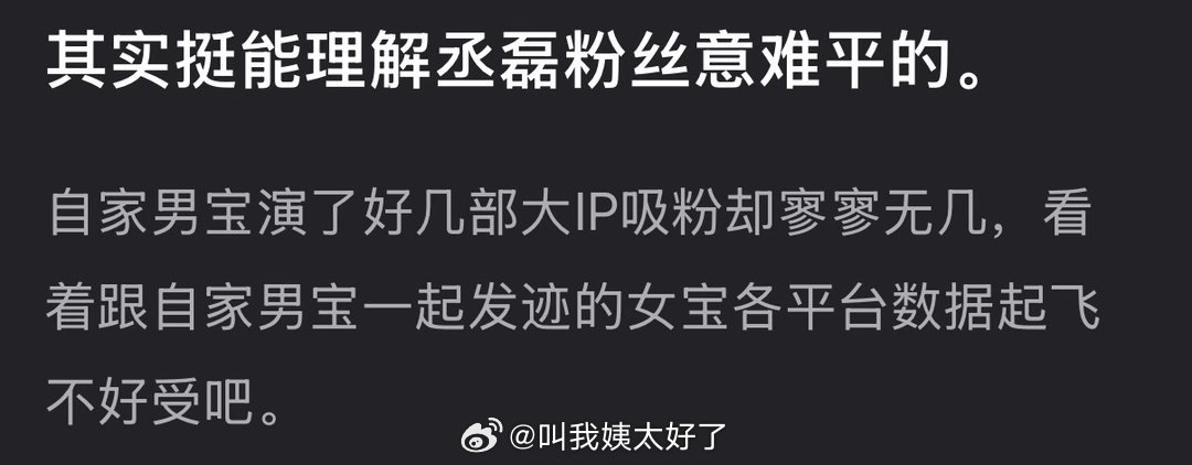 有网友说其实挺能理解丞磊粉丝意难平的，自家男宝演了好几部大IP吸粉却寥寥无几，看