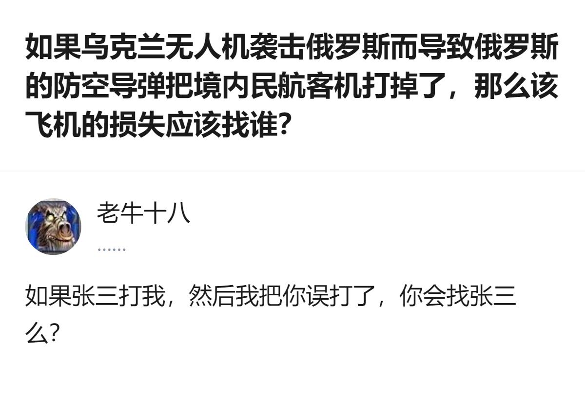 从现有信息看，这个回答用“张三打我我误打你”的类比，回应了乌克兰无人机袭击俄罗斯