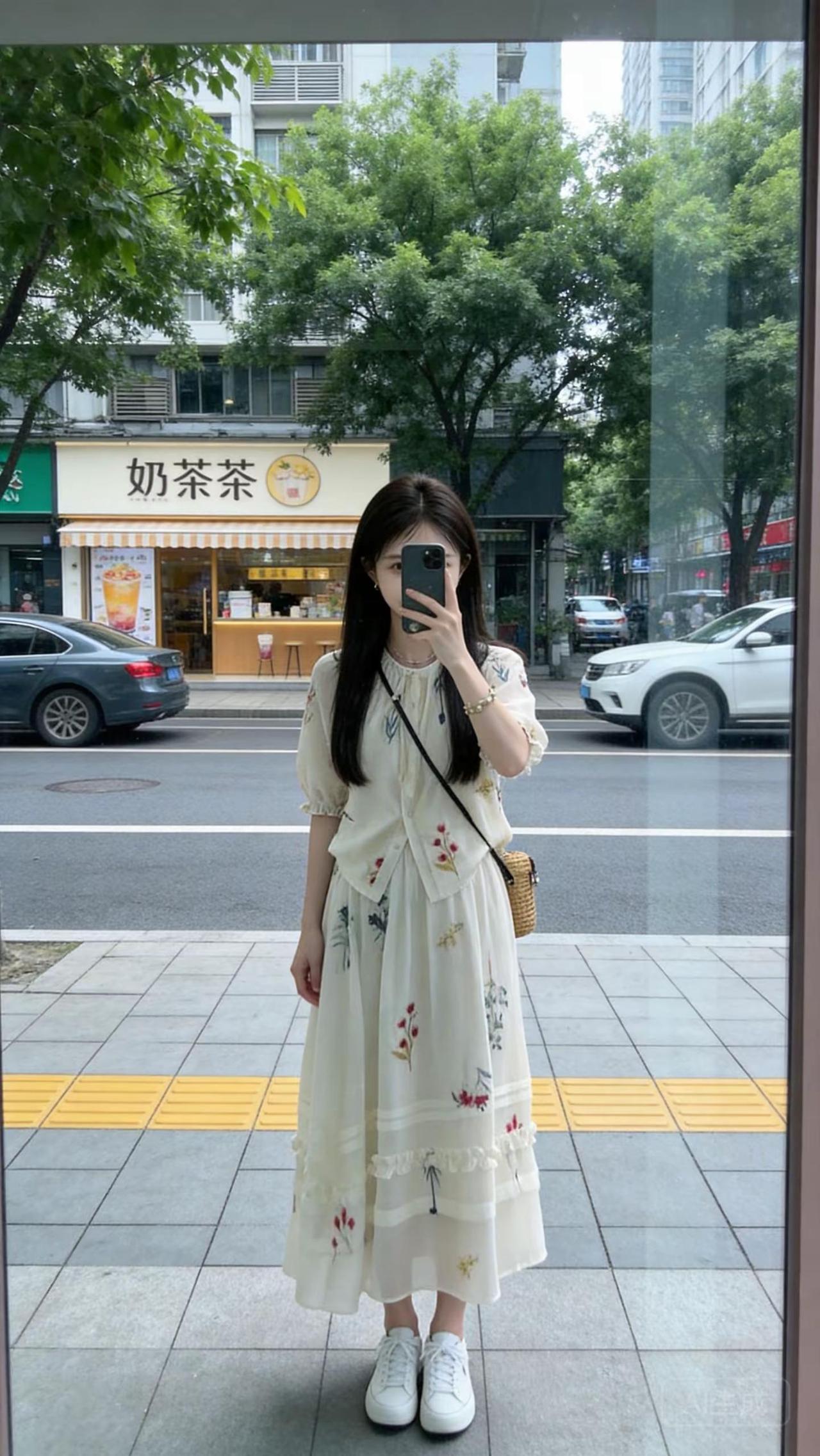 姐妹们！这套温柔感拉满的碎花套装真的绝了！泡泡袖上衣衬得肩颈线条超好看，半裙垂感