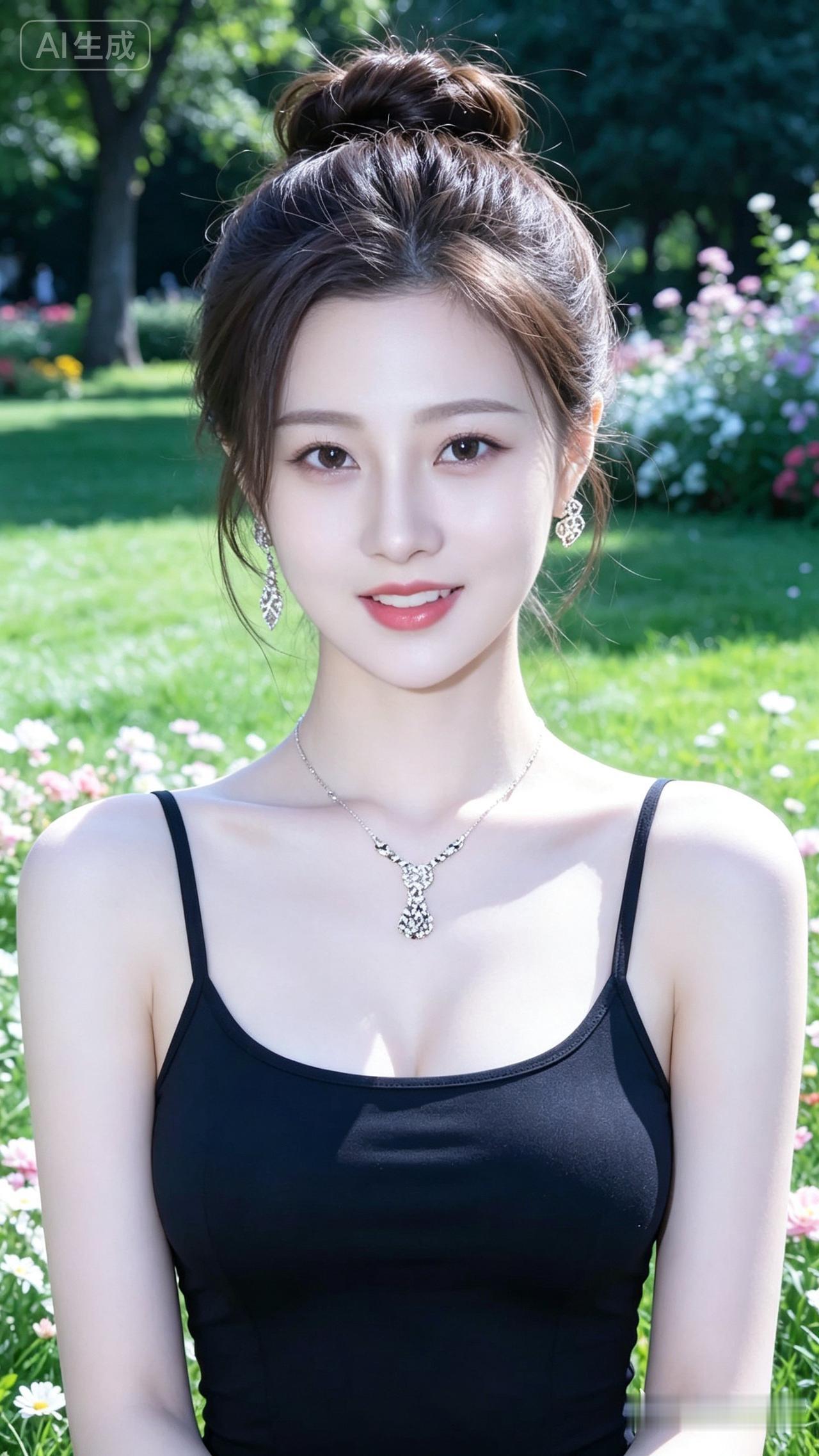 夏日清新照，黑裙与绿意相映成趣，自然美如画