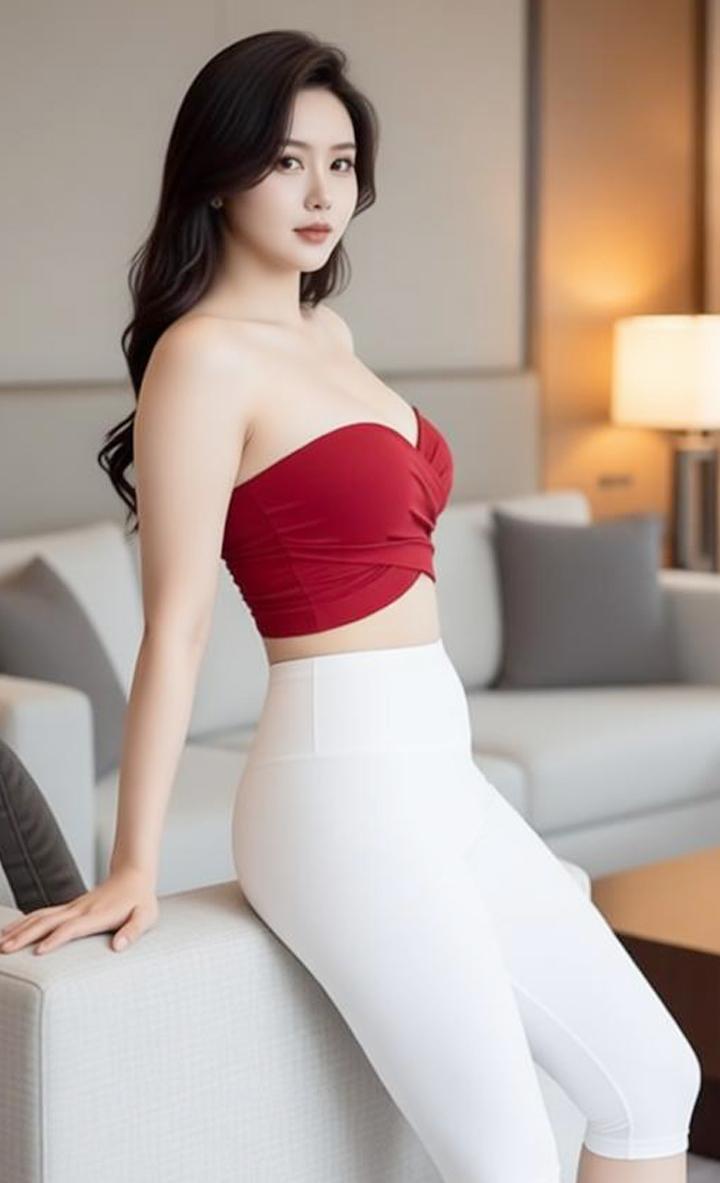 小姐姐身材太好了，暖光漫过客厅，顾以宁身着酒红抹胸与纯白紧身裤，侧身倚在木几旁。