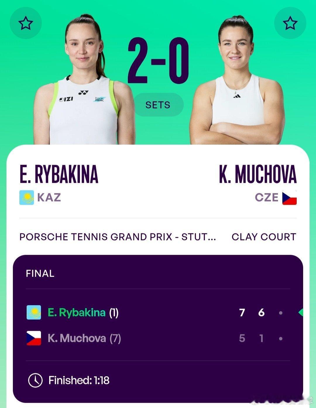 WTA500斯图加特站🇩🇪女单决赛头号种子莱巴金娜🇰🇿7-5/6-1战胜