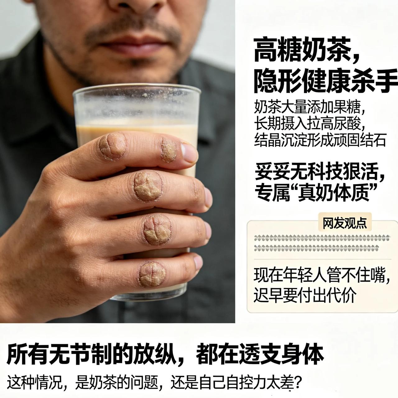 吵翻了！一天3杯奶茶，手脚长出硬块结石，网友一半调侃一半后怕
 
现在很多年轻人