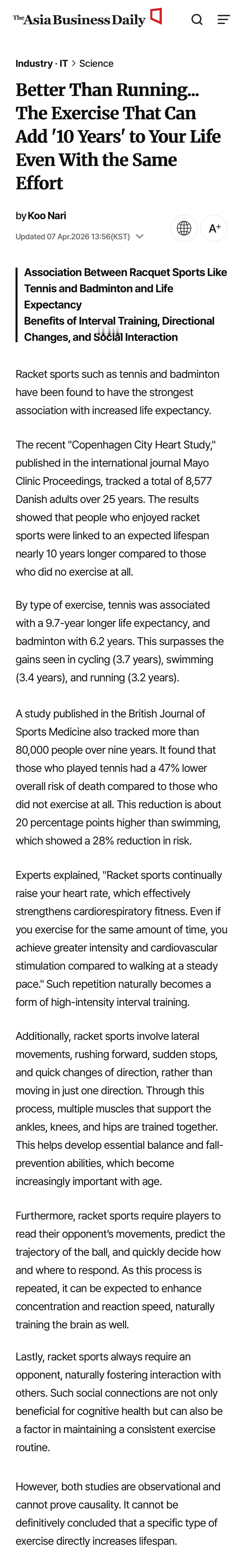 前阵子分享过一篇杂志文章，说网球是所有运动项目中最有助于延长人类寿命的（网页链接