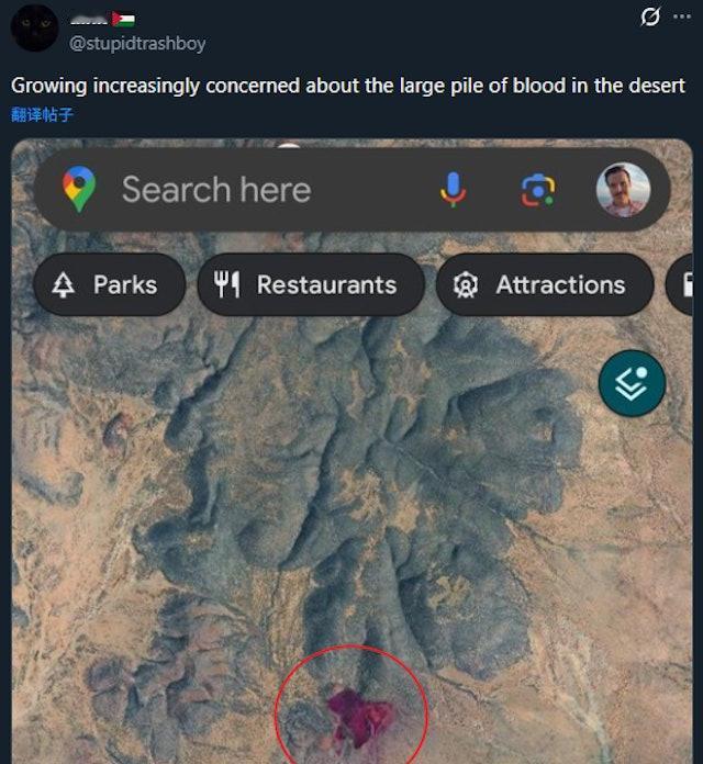 Google Maps惊见美国“恐怖血色沙漠”　网民：不就是圣经写的 
外国网友