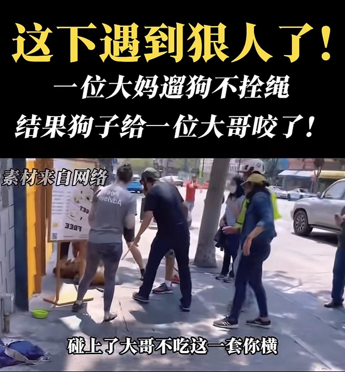 这下遇到狠人了。四川，大妈遛狗不拴绳，狗扑上去把大哥胳膊咬出血。她赶过来，没看一