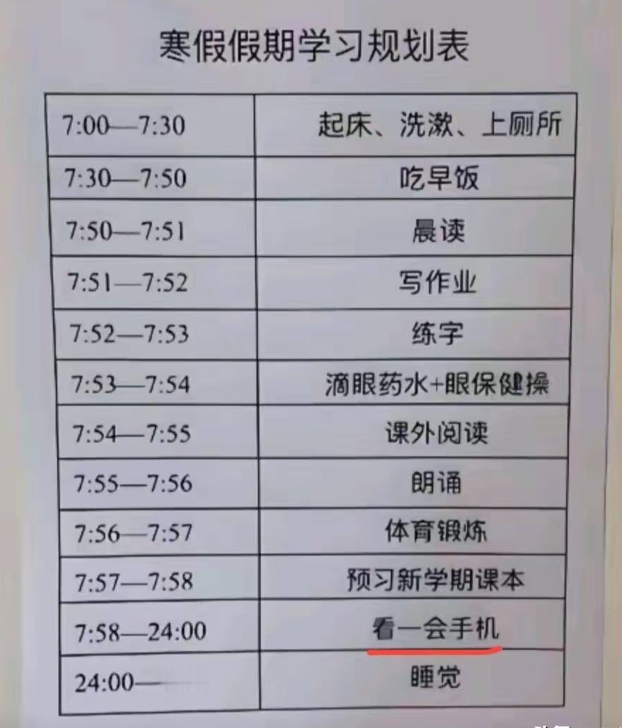 这孩子的确很自律
这个假期学习规划无可挑剔
即便是放寒假在家
每天也只是“玩一会