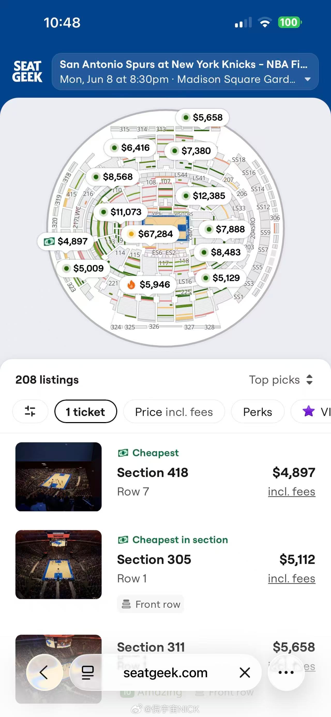 NBA总决赛球票 来感受一下纽约的物价山顶票价格最低是5000+刀 也就是3万5