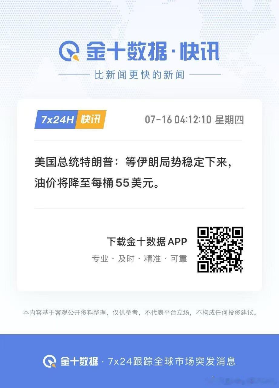 美国总统特朗普：等伊朗局势稳定下来，油价将降至每桶55美元。———特朗普掌握的资
