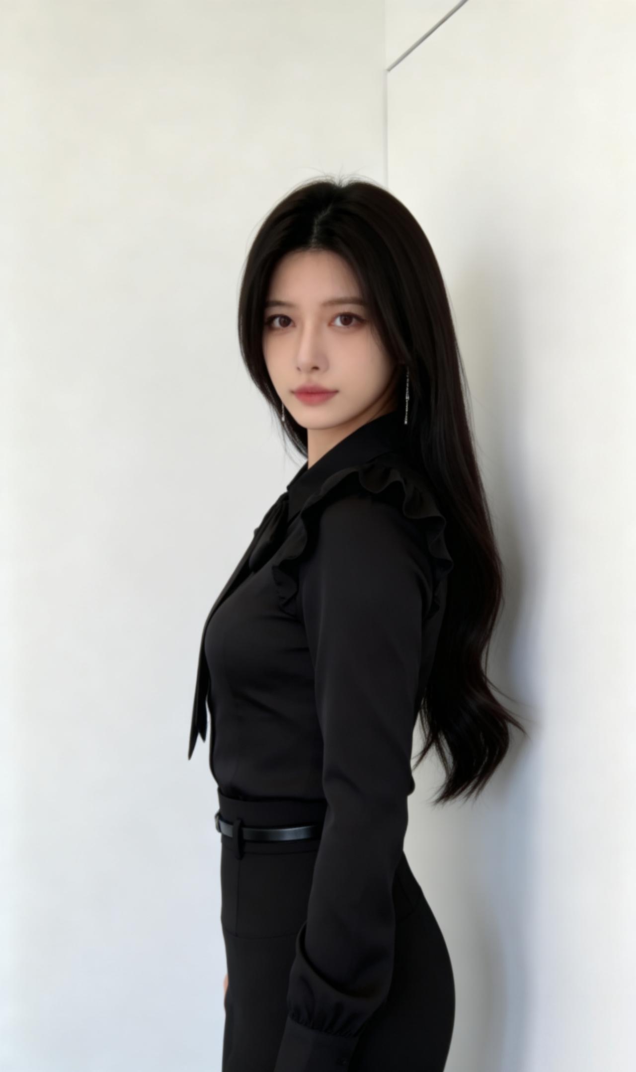 深黑色系带衬衫，领口蝴蝶结飘带设计，
增添了优雅的气质，肩部的褶皱处理，让版型更