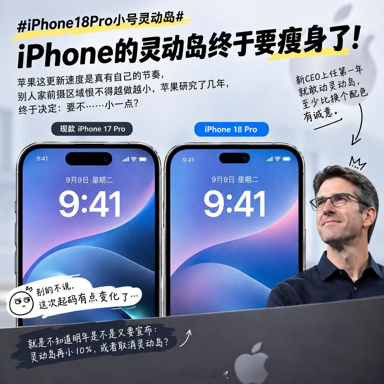 iPhone18Pro小号灵动岛iPhone的灵动岛终于要瘦身了，苹果这更新速度