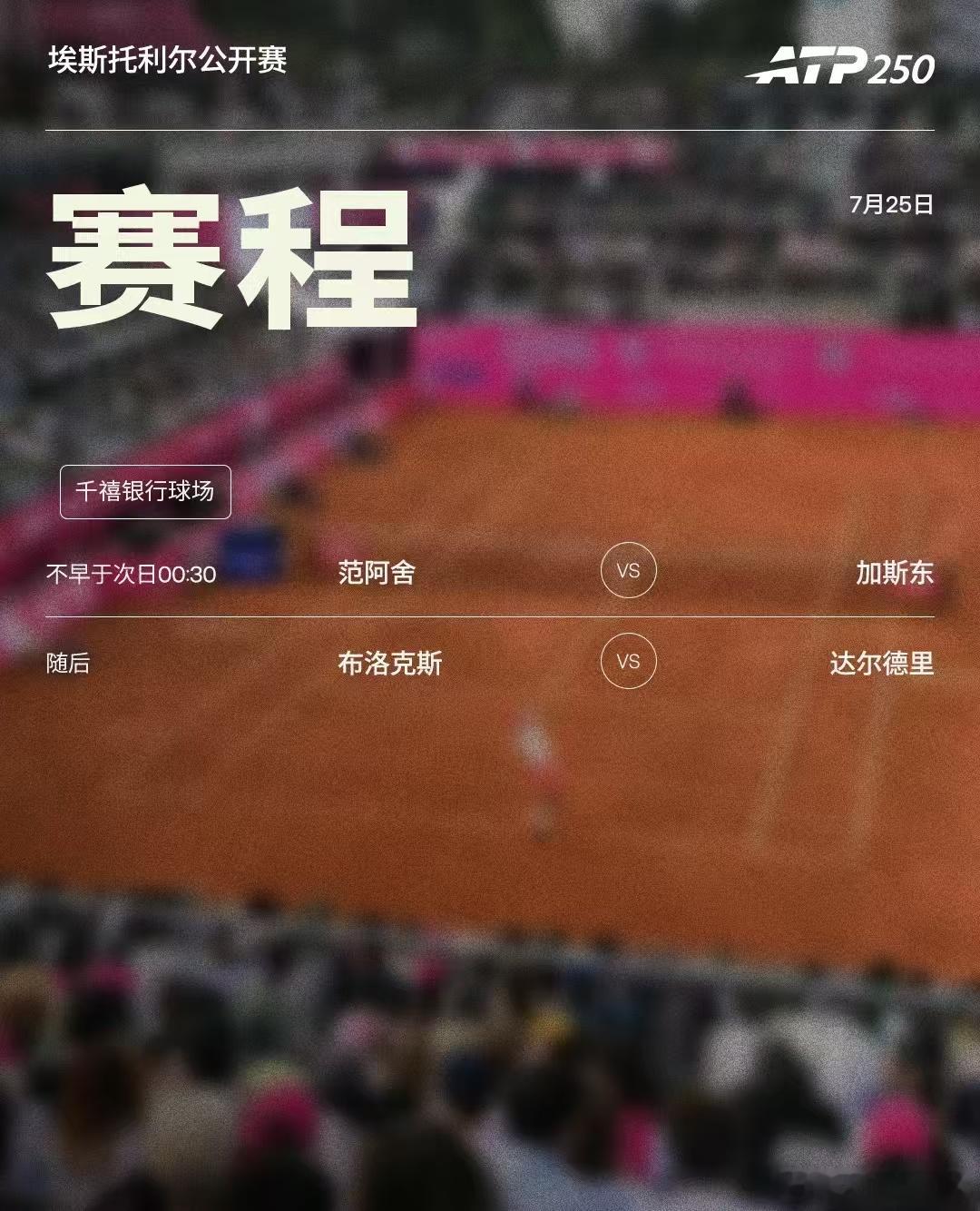 ATP250 埃斯托利尔站周六赛程如下，均为北京时间📅📍埃斯托利尔🎾范阿舍