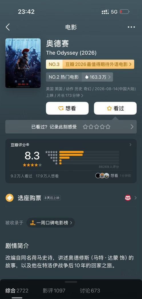 即将对决的两部电影奥德赛和龙餐馆都开分了，龙餐馆8.4，奥德赛8.3，龙餐馆比奥