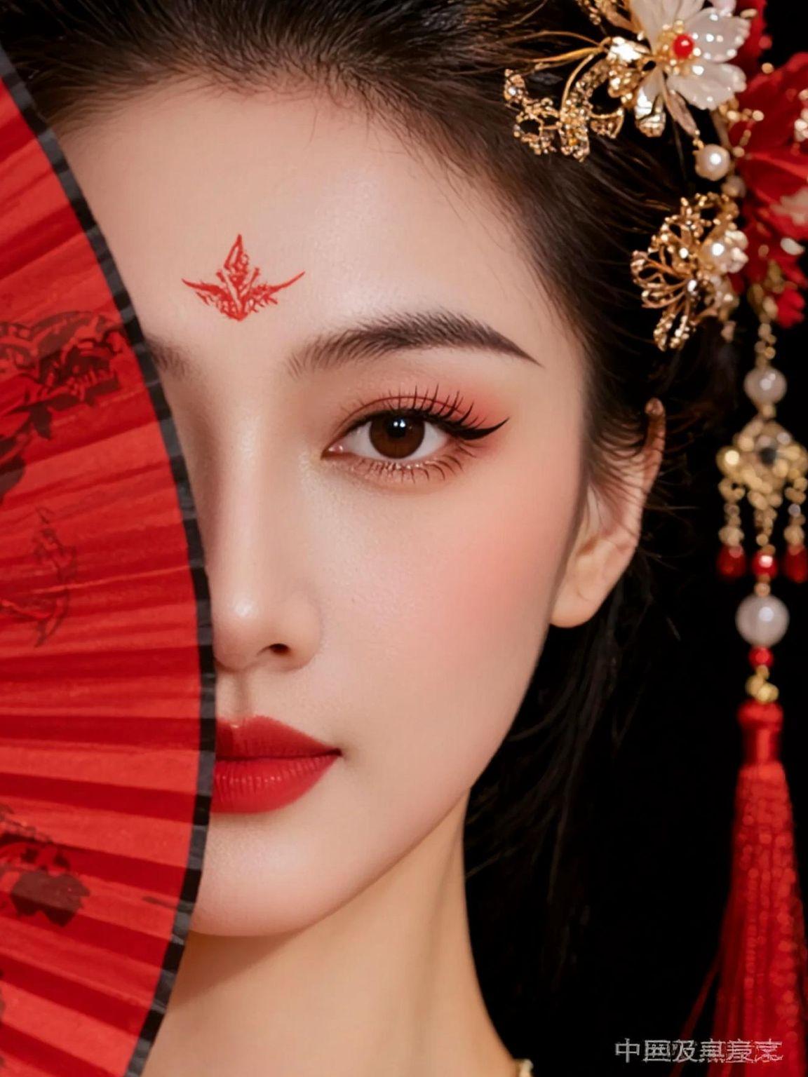 一折红扇半遮面，
眉间花钿，藏尽东方温婉。
这抹中国红，一眼便沦陷。