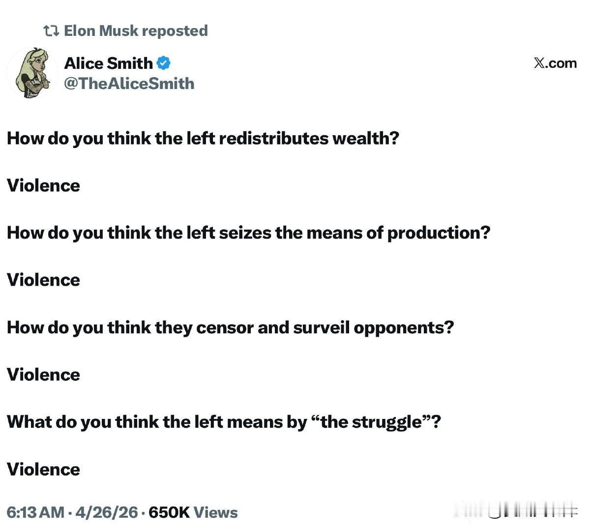 你认为左翼是如何进行财富再分配的？
暴力
你认为左翼是如何夺取生产资料的？
暴力